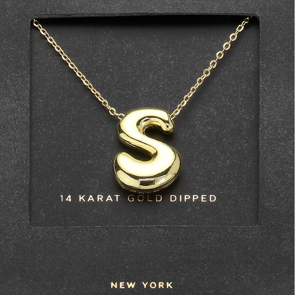 Gold "S" Bubble Monogram Pendant Chain Necklace Initial Charm 3D Casual